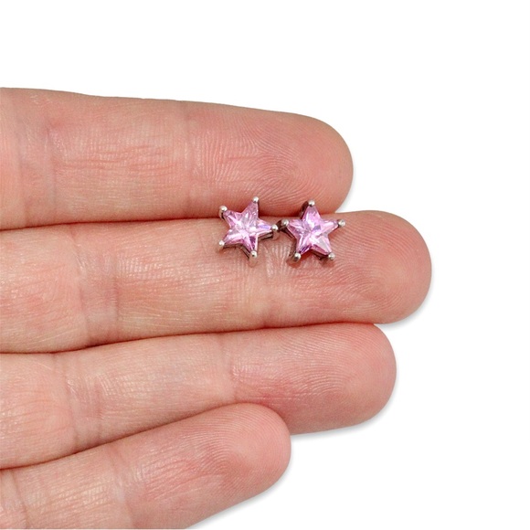 Pink Cubic Zirconia Sterling Silver Star Stud Earrings New Old Stock Box Estate - Picture 3 of 5